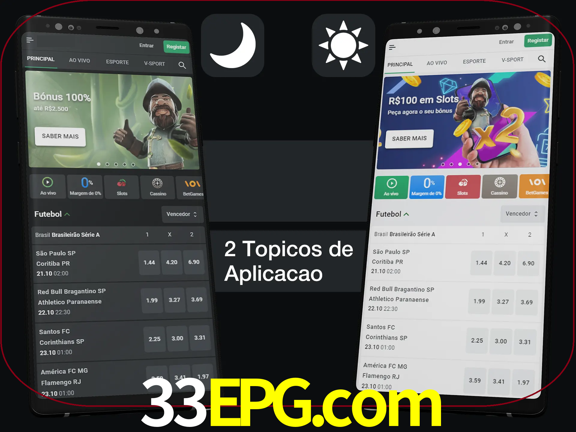 Escolha o modo claro ou escuro na aplicação.